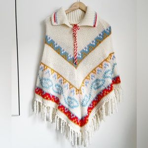Vintage Colourful Patterned Collared Poncho - One Size